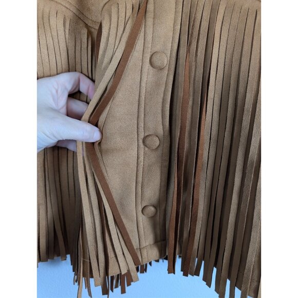 Nasty Gal Women's Camel Tan Fringe Faux Suede Jacket Western Cowgirl Size Small - Picture 7 of 16